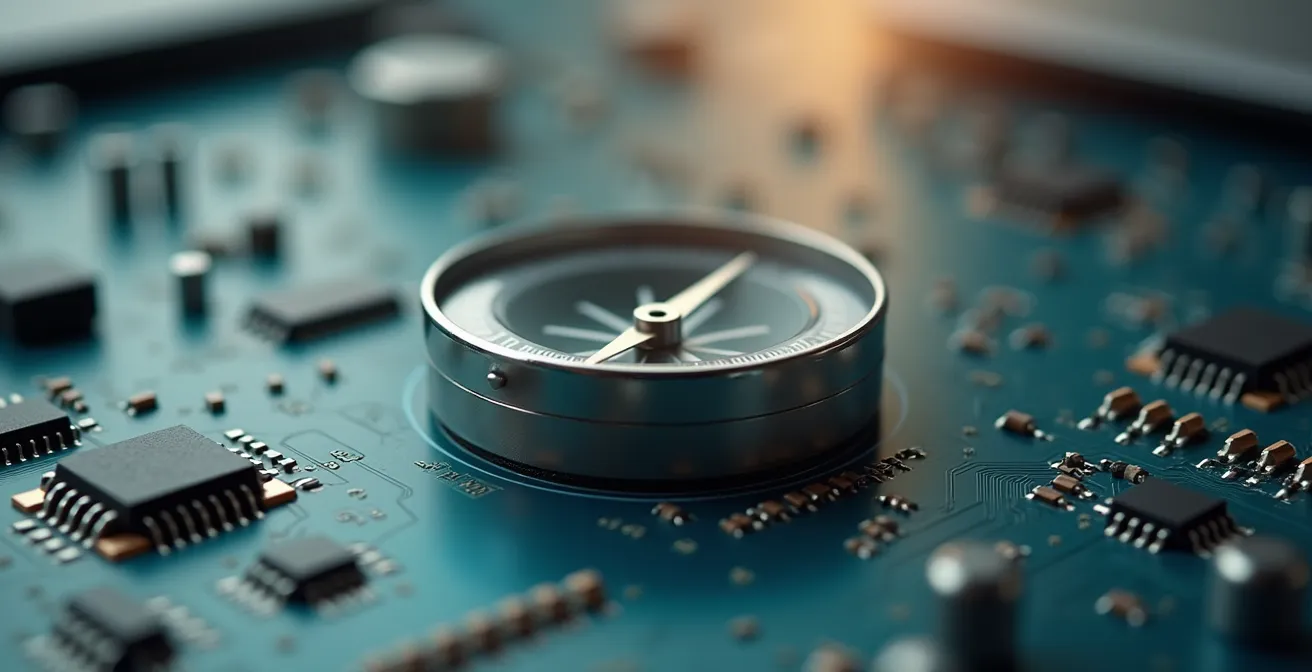 Illustration symbolique d'une boussole et d'un circuit imprimé, représentant la stratégie et la technologie