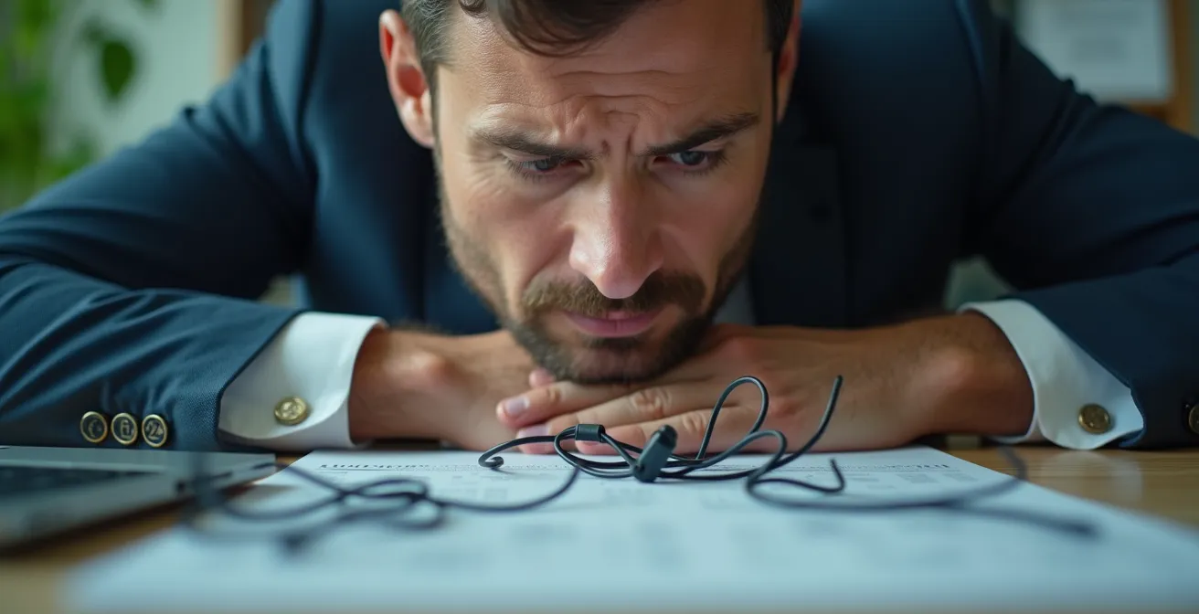 Illustration montrant un dirigeant avec une expression de fatigue, entouré d'objets symbolisant la charge mentale