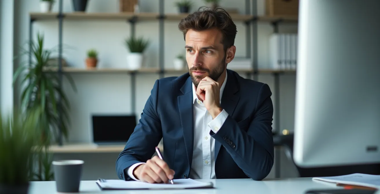 Illustration éditoriale représentant un dirigeant observant un écran d'ordinateur flou, avec une lumière douce et un espace négatif, sans texte ni éléments lisibles