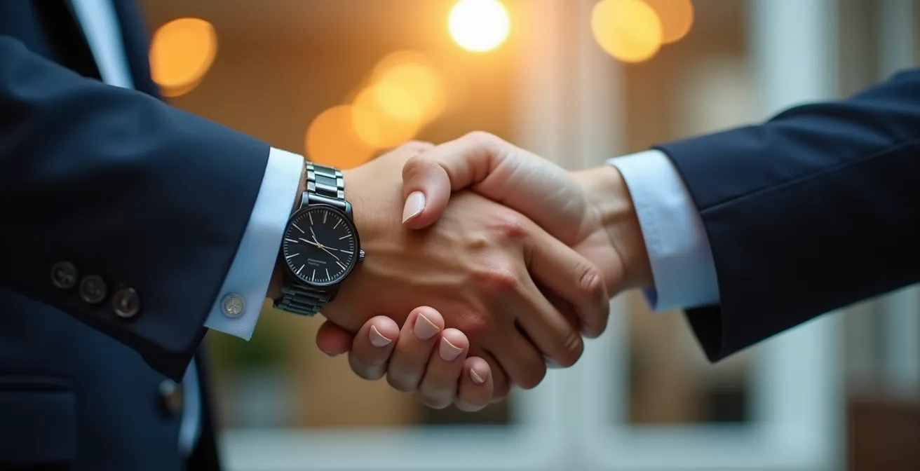 Poignée de main professionnelle entre deux personnes symbolisant la confiance et le partenariat en maintenance informatique