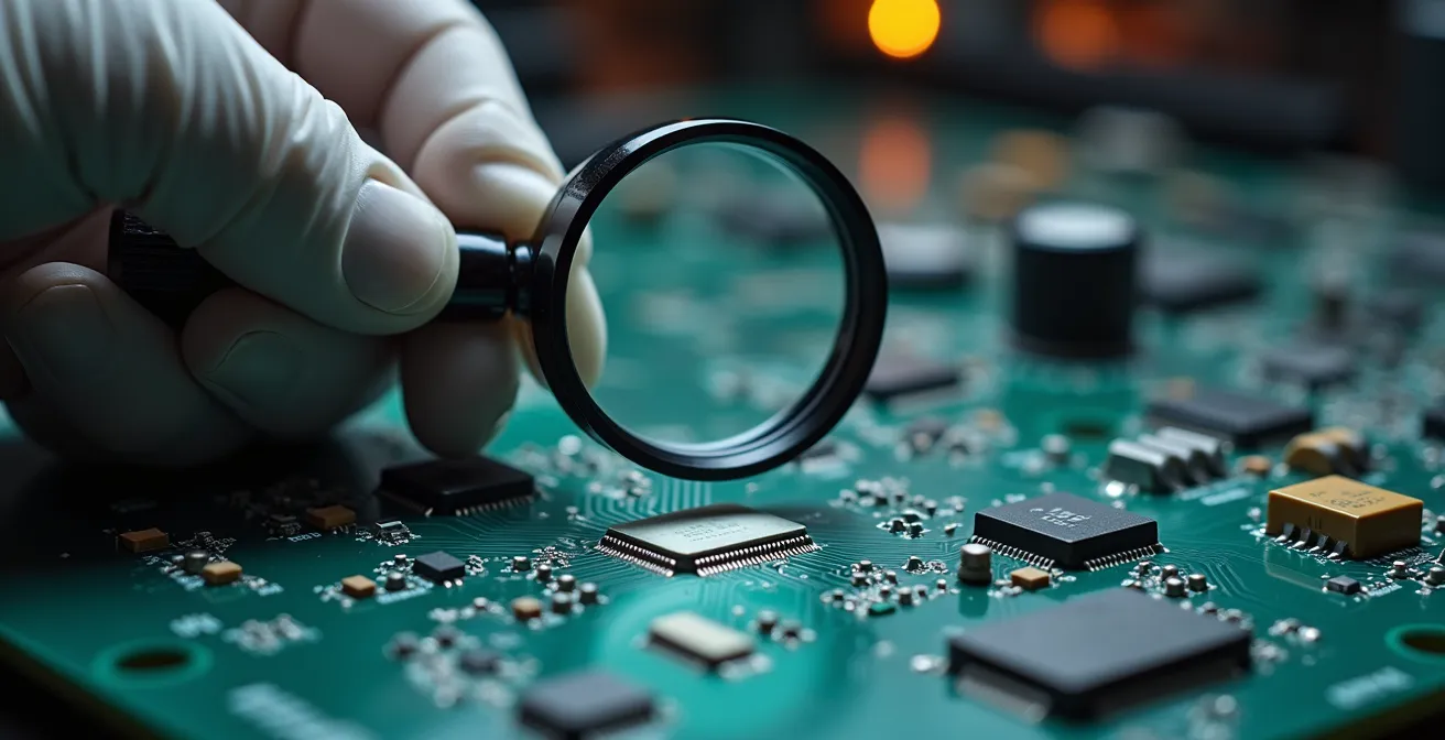 Gros plan sur des mains expertes manipulant une loupe examinant un circuit imprimé haute technologie