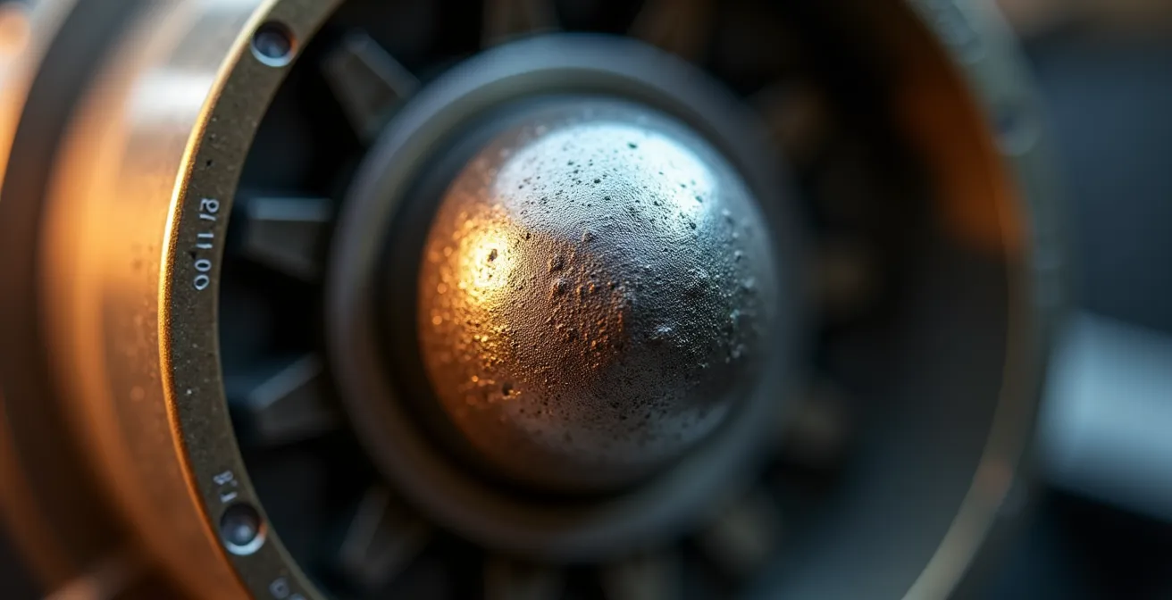 Gros plan extrême sur une bille de roulement industriel montrant les micro-fissures