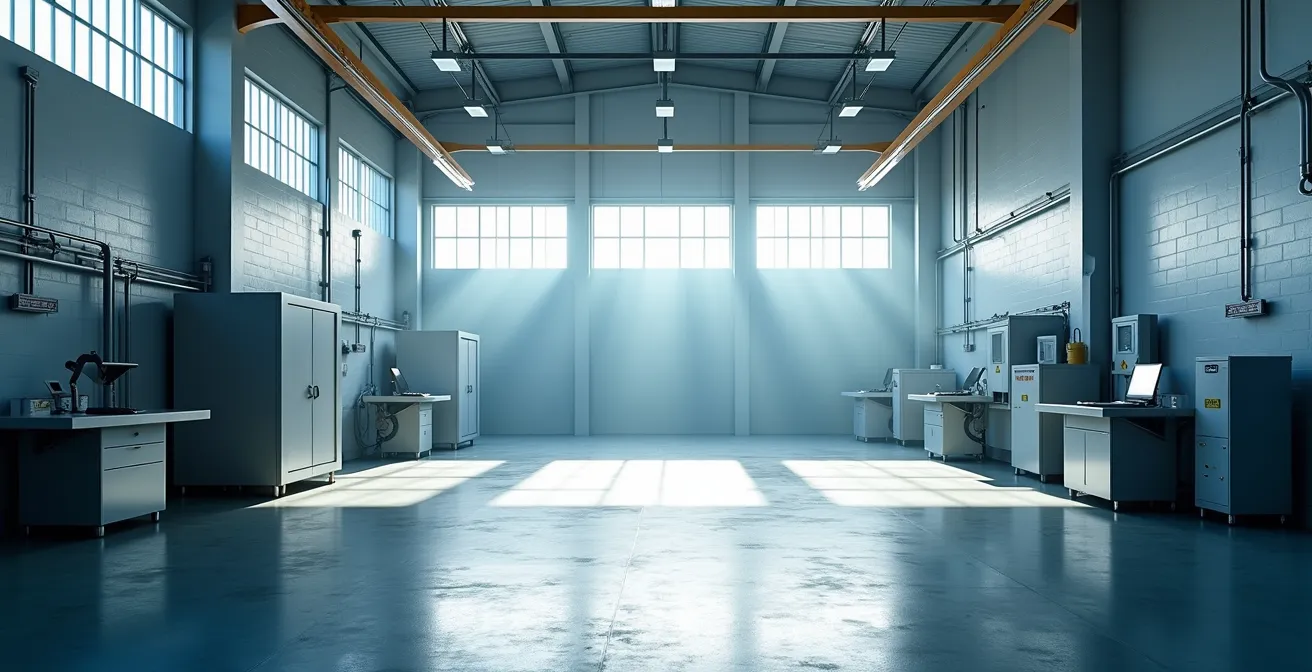 Vue large d'un environnement industriel moderne et épuré avec équipements de maintenance