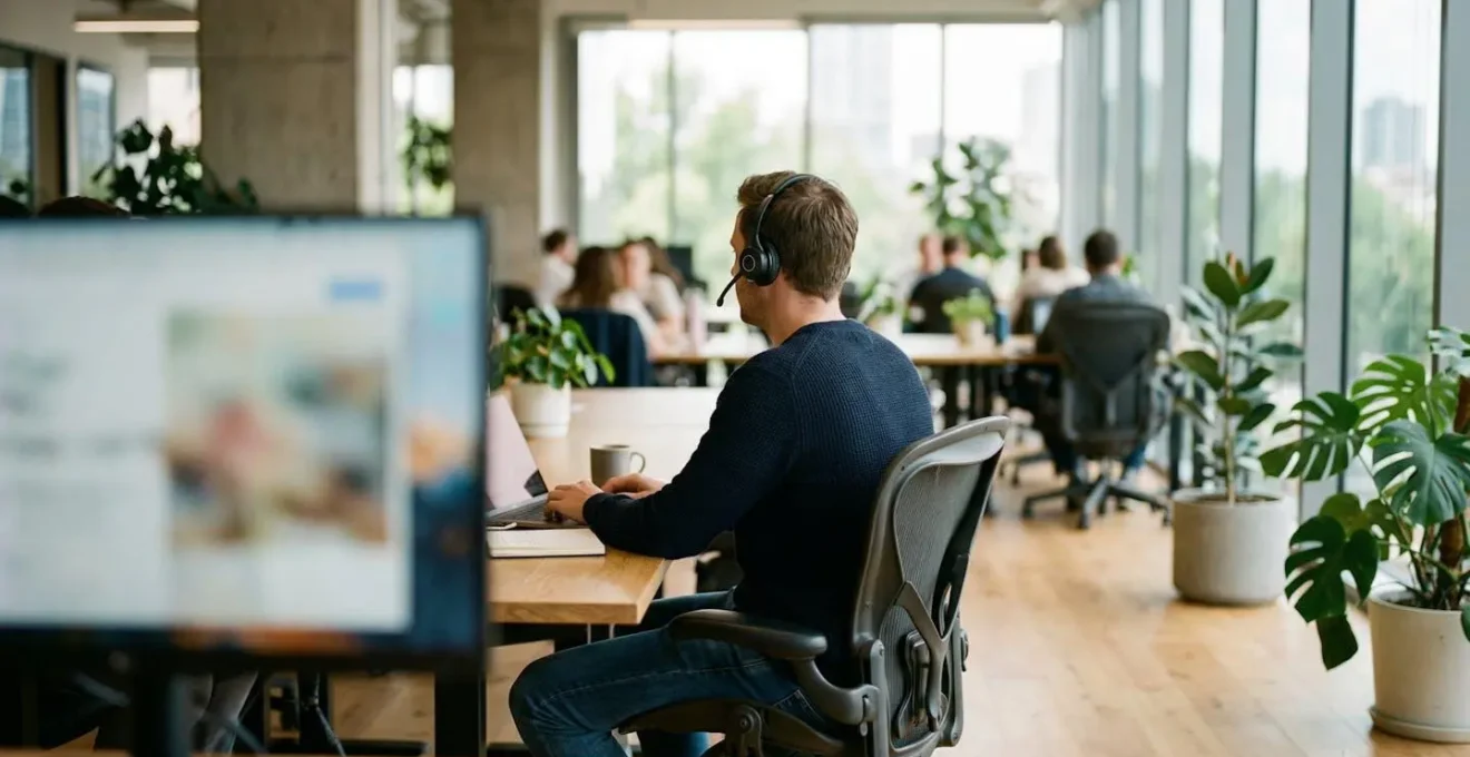 Un collaborateur vu de dos porte un casque audio dans un open space lumineux, concentré sur une conversation téléphonique