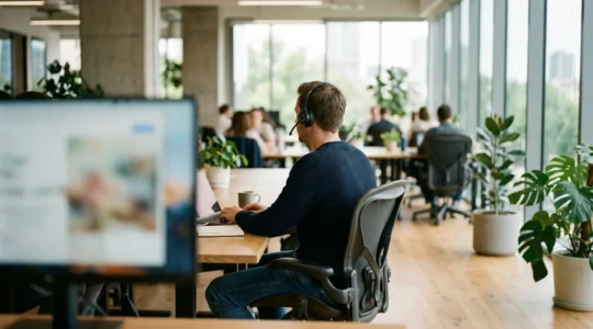 Un collaborateur vu de dos porte un casque audio dans un open space lumineux, concentré sur une conversation téléphonique
