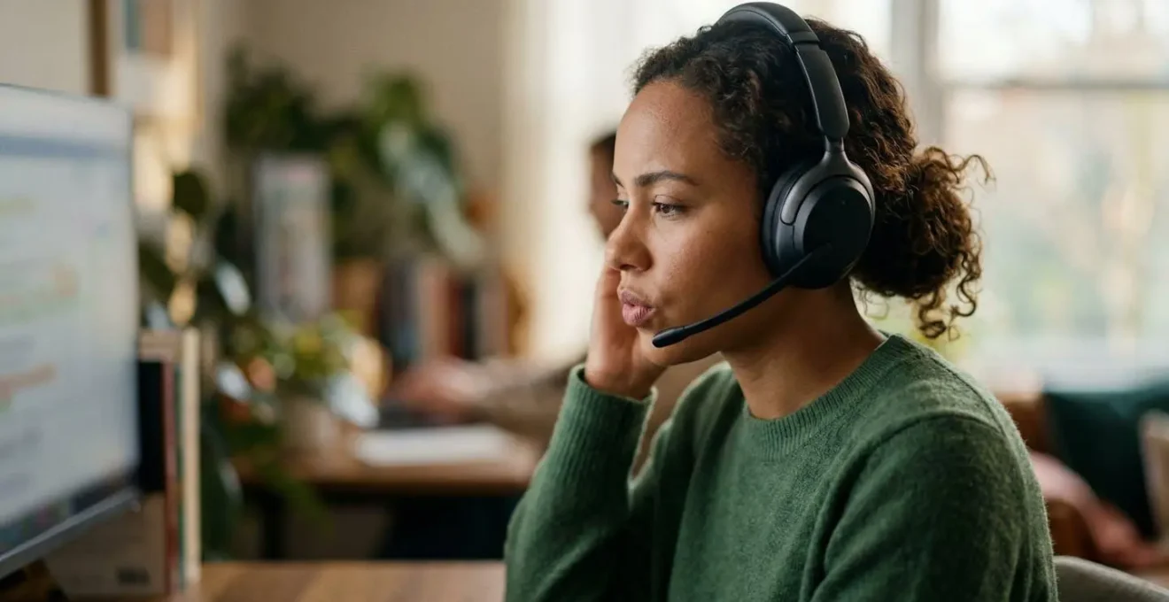 Un collaborateur de profil porte un casque-micro devant son écran, expression concentrée, lumière naturelle de fenêtre