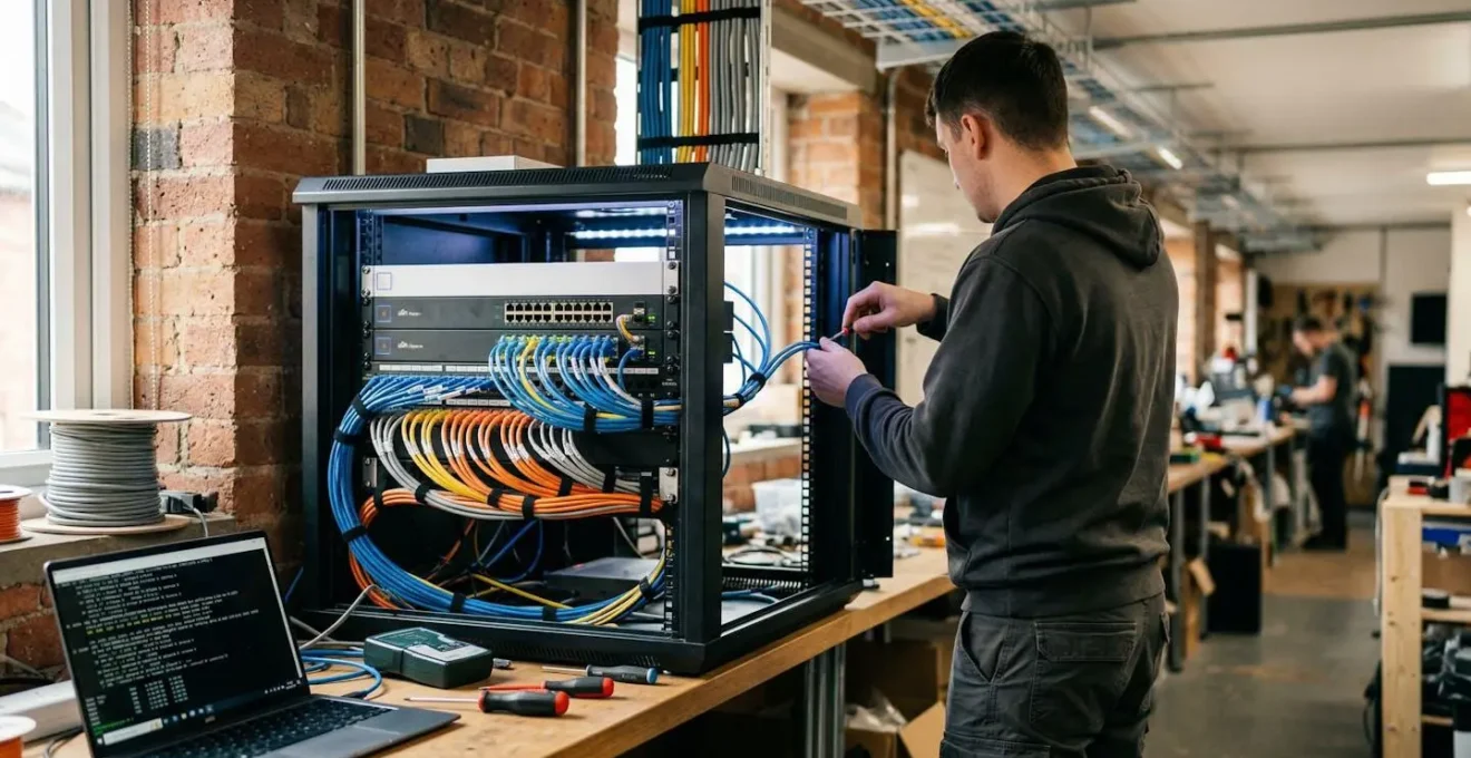 Un local technique avec un switch réseau et des câbles Ethernet organisés dans une baie serveur de PME