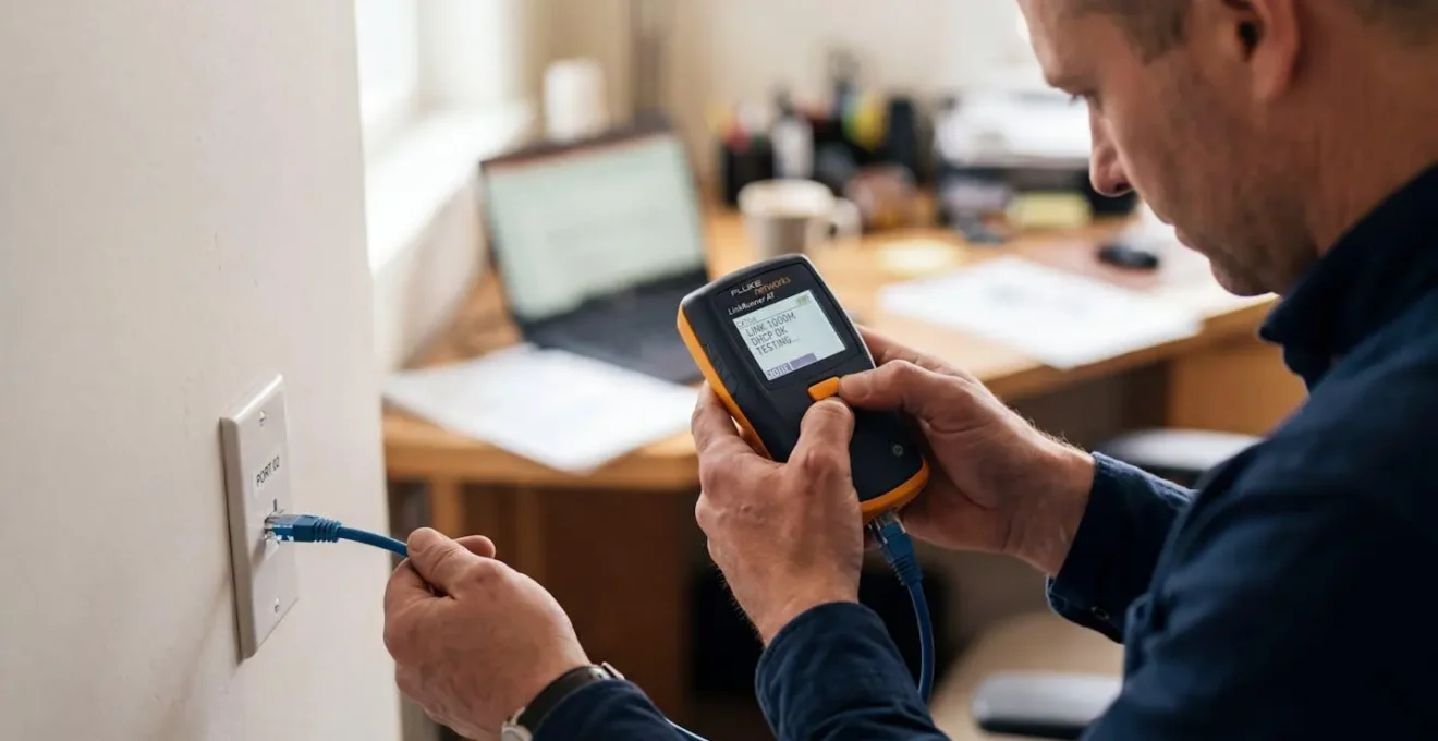 Les mains d'un technicien testent un câble Ethernet sur une prise murale, arrière-plan de bureau flouté